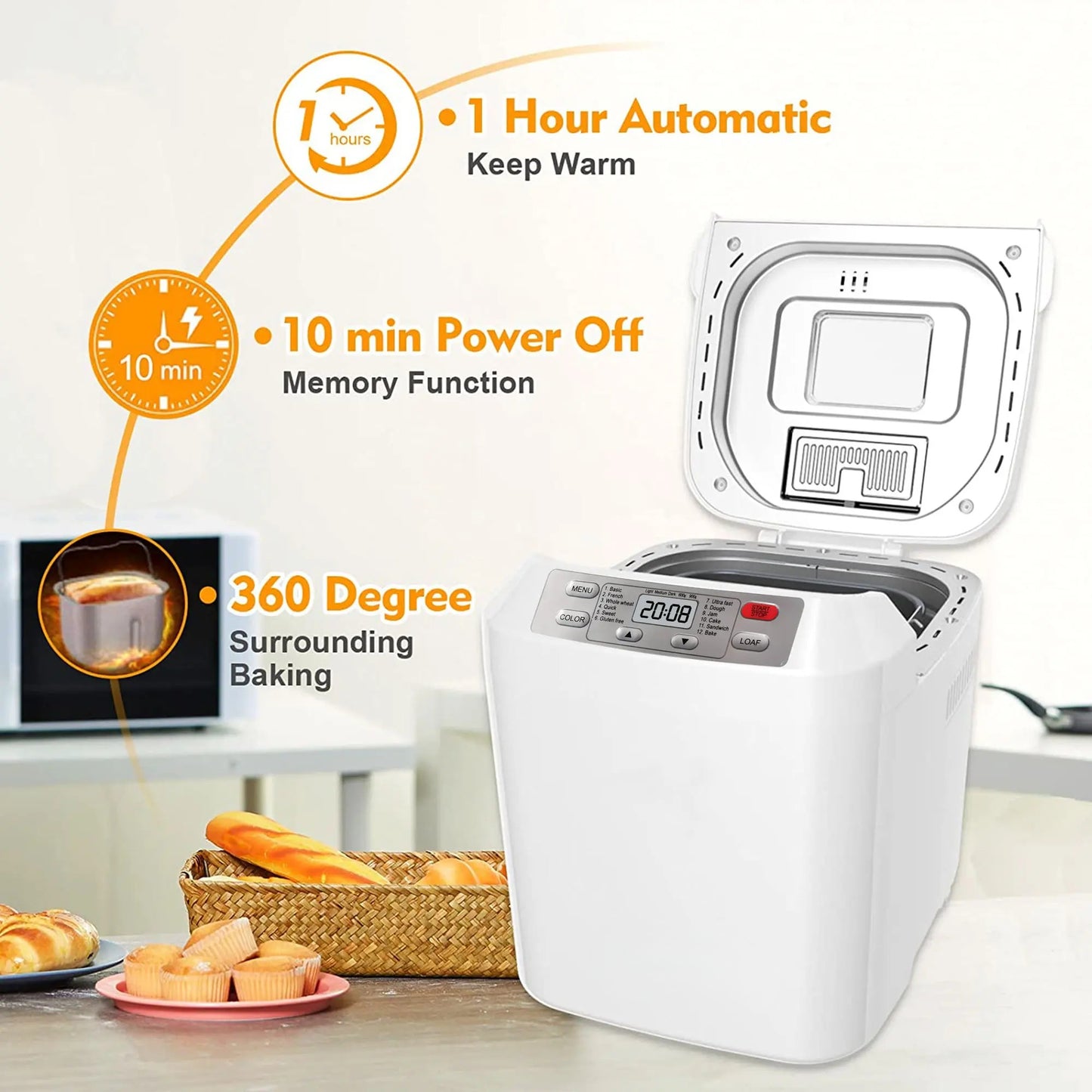 Fully automatic bread maker, maximum capacity 2 lbs, with automatic nut dispenser.