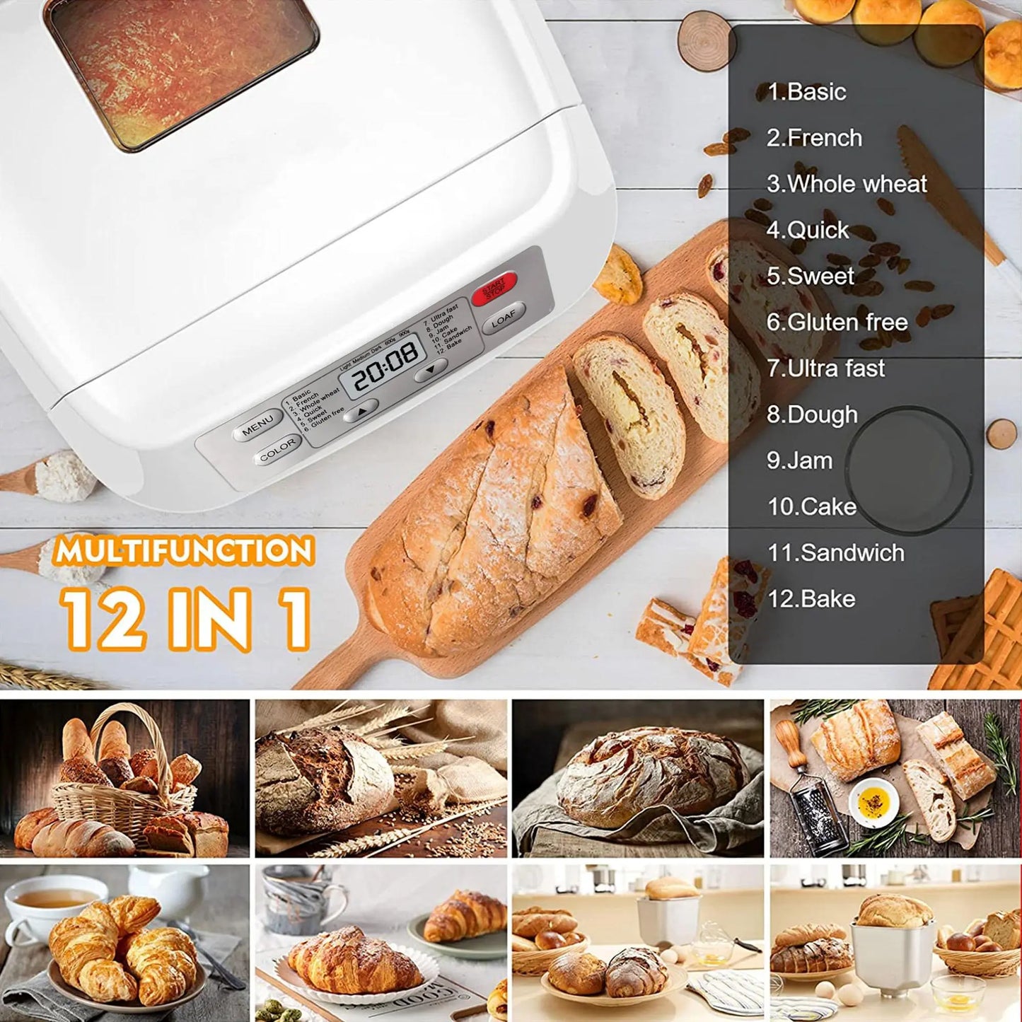 Fully automatic bread maker, maximum capacity 2 lbs, with automatic nut dispenser.