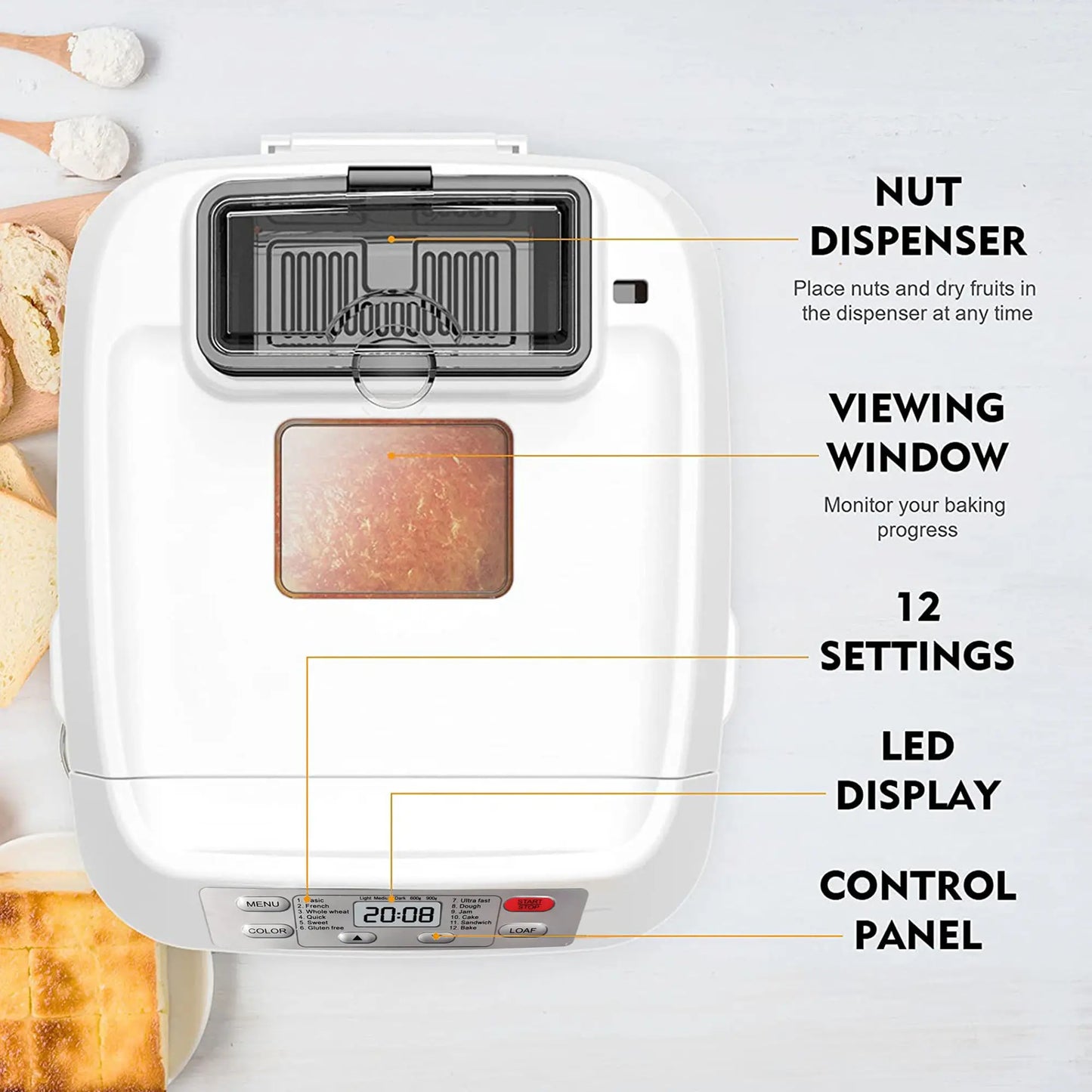 Fully automatic bread maker, maximum capacity 2 lbs, with automatic nut dispenser.