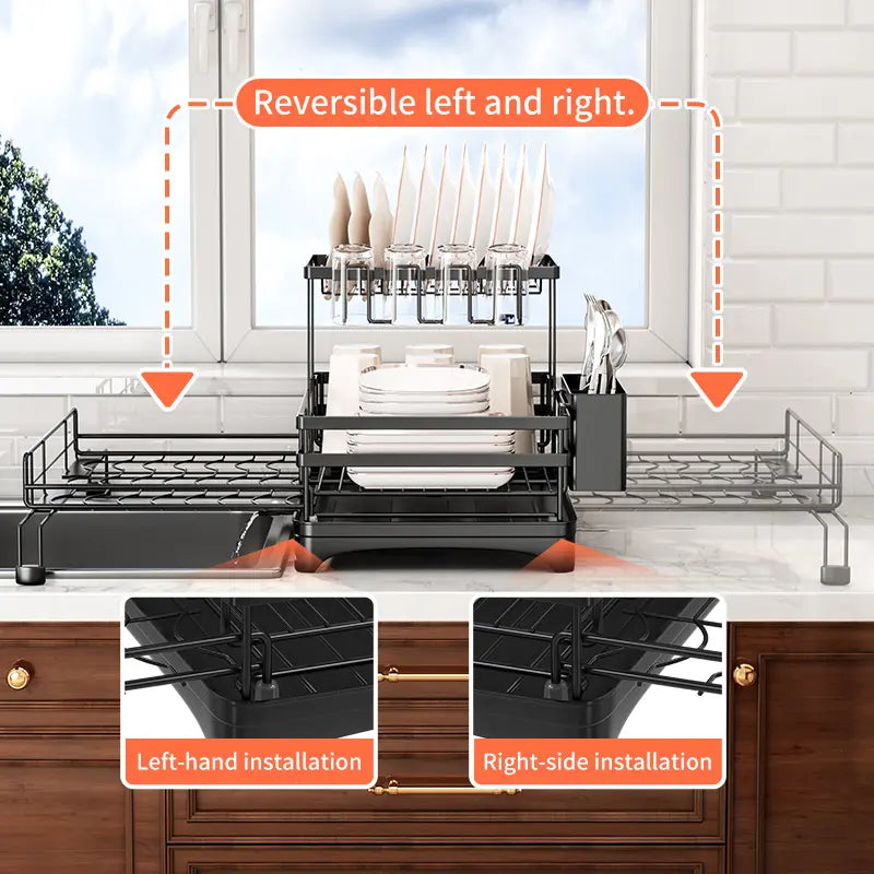 Foldable sink drain rack | Double-layer pull-out kitchen storage rack with cutlery rack
