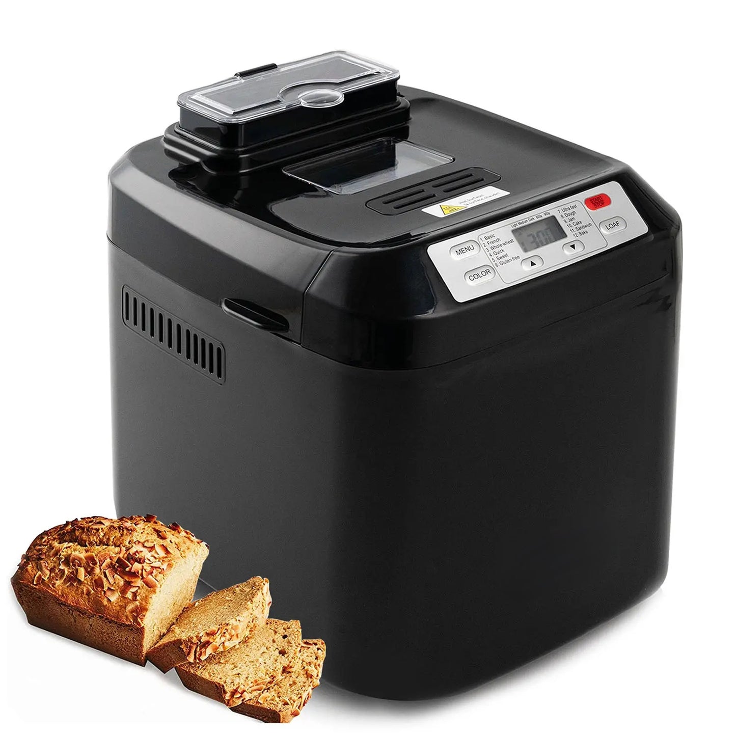 Fully automatic bread maker, maximum capacity 2 lbs, with automatic nut dispenser.