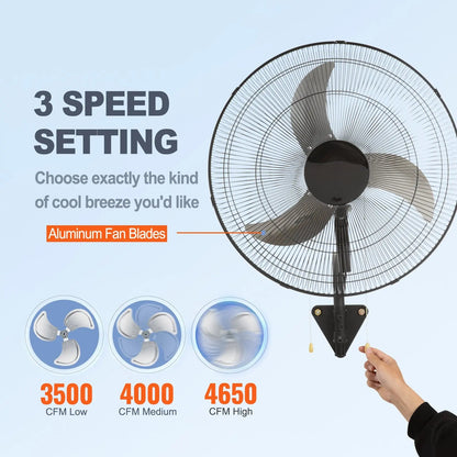 20-inch wall-mounted oscillating fan, three high speed settings, maximum airflow 4650 CFM