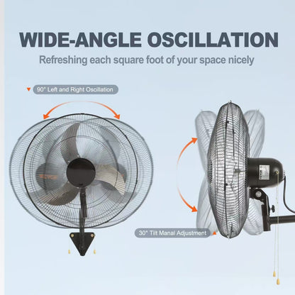 20-inch wall-mounted oscillating fan, three high speed settings, maximum airflow 4650 CFM