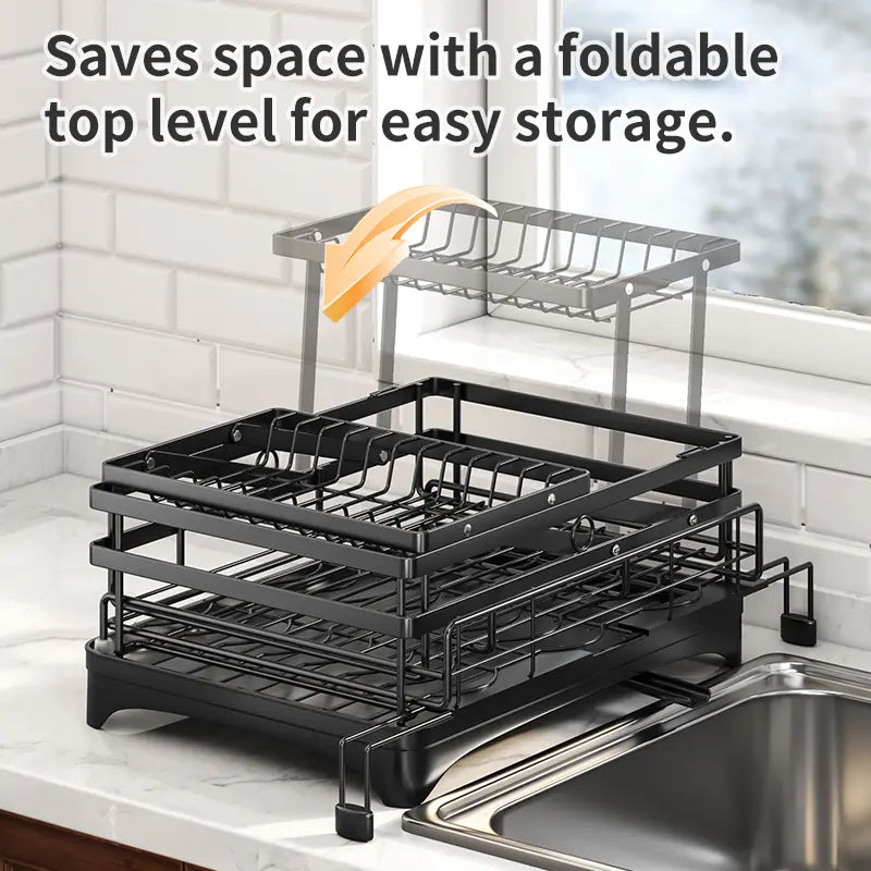 Foldable sink drain rack | Double-layer pull-out kitchen storage rack with cutlery rack