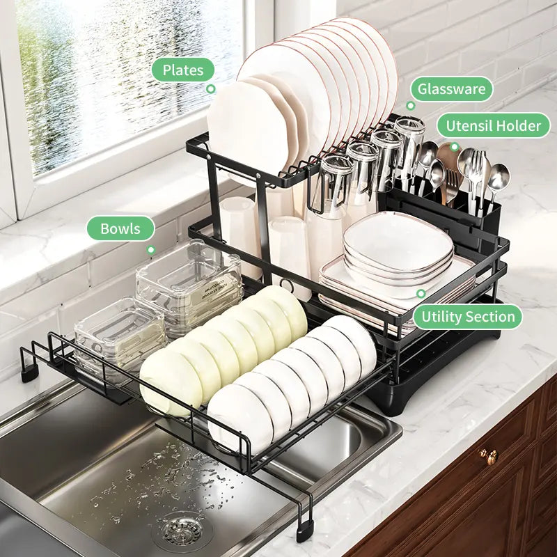 Foldable sink drain rack | Double-layer pull-out kitchen storage rack with cutlery rack