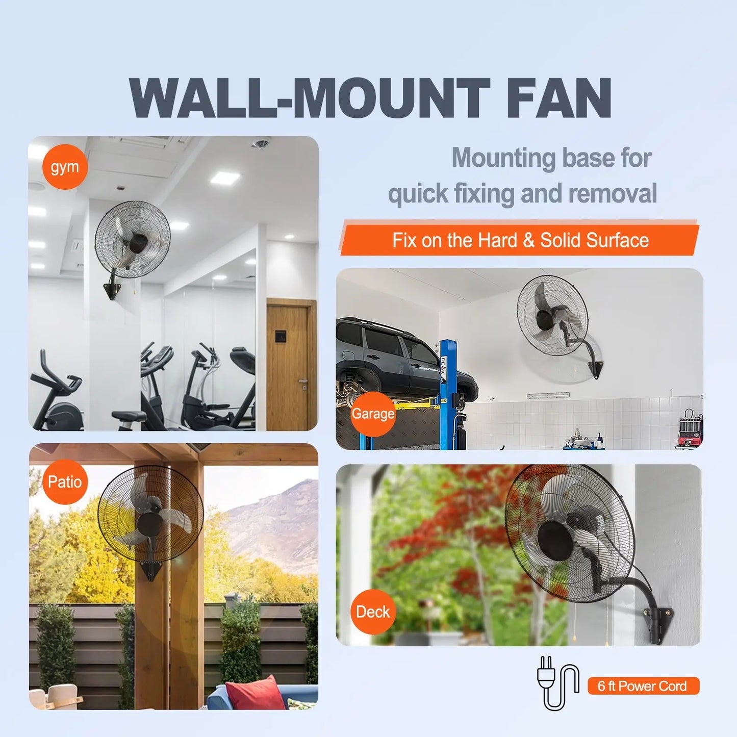 20-inch wall-mounted oscillating fan, three high speed settings, maximum airflow 4650 CFM