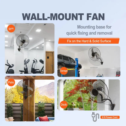 20-inch wall-mounted oscillating fan, three high speed settings, maximum airflow 4650 CFM