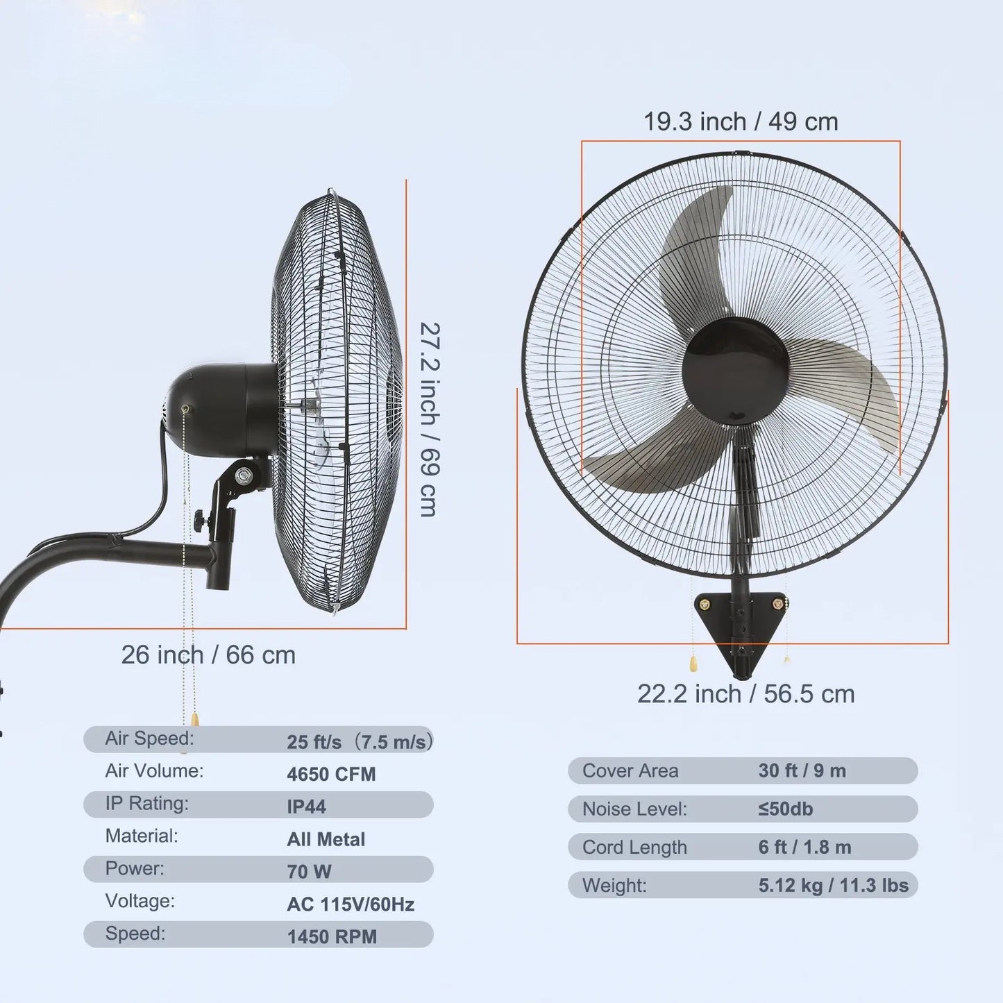 20-inch wall-mounted oscillating fan, three high speed settings, maximum airflow 4650 CFM