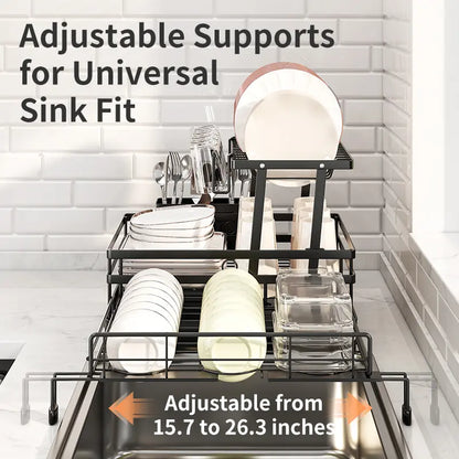 Foldable sink drain rack | Double-layer pull-out kitchen storage rack with cutlery rack
