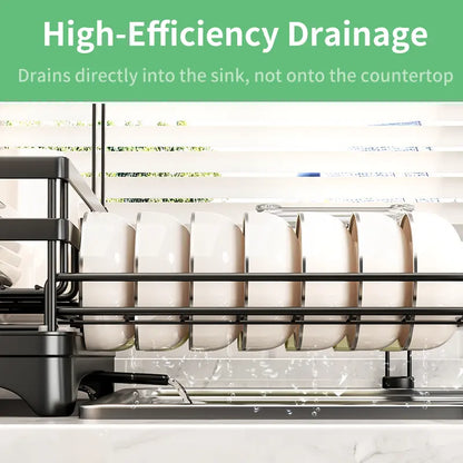 Foldable sink drain rack | Double-layer pull-out kitchen storage rack with cutlery rack