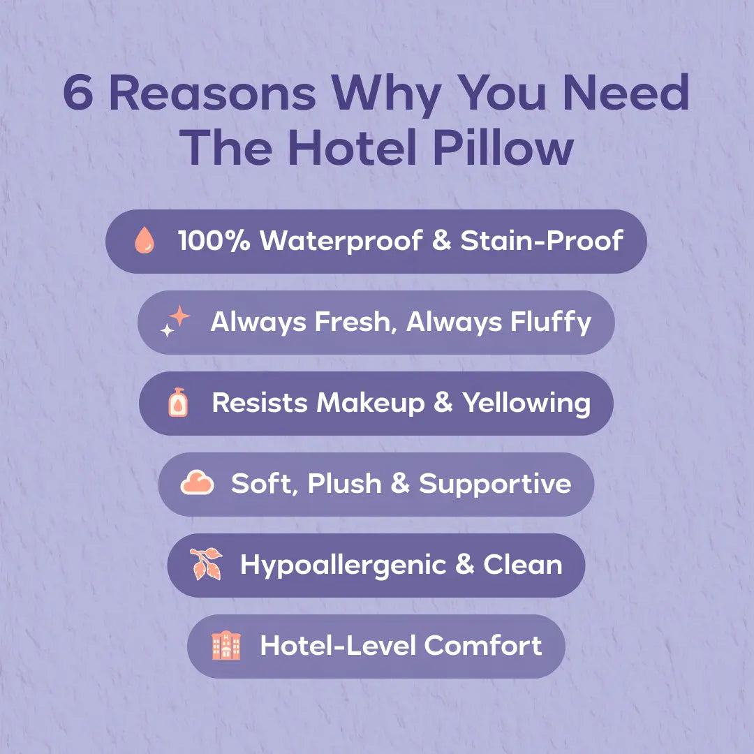 Hotel pillows: Waterproof, stain-resistant, cloud-soft, hypoallergenic, machine washable.